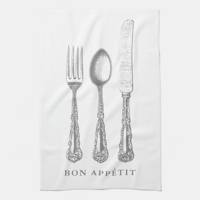 Bon appétit kitchen towel, fork, spoon, knife tea towel (Vertical)
