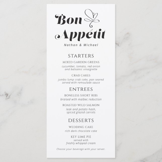 Bon Appetit Wedding Dinner Black White Menu (Front)