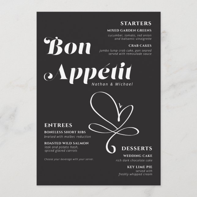 Bon Appetit Wedding Dinner Black White Menu (Front)