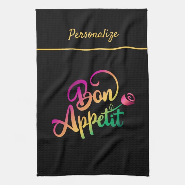 Bon Appetite Quote Purple Yellow Black Tea Towel (Vertical)