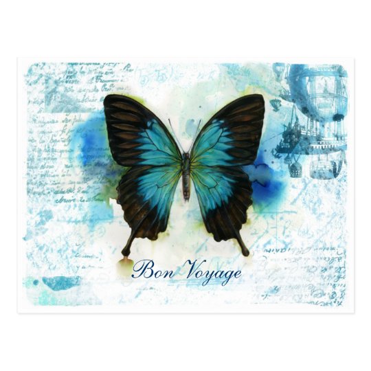 Bon Voyage Blue Butterfly VictorianTravel Postcard