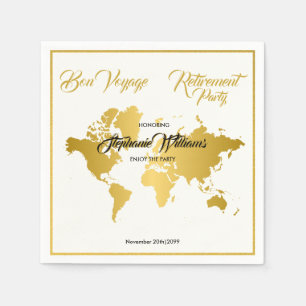 Bon Voyage Golden Border Worldmap Retirement Party Napkin