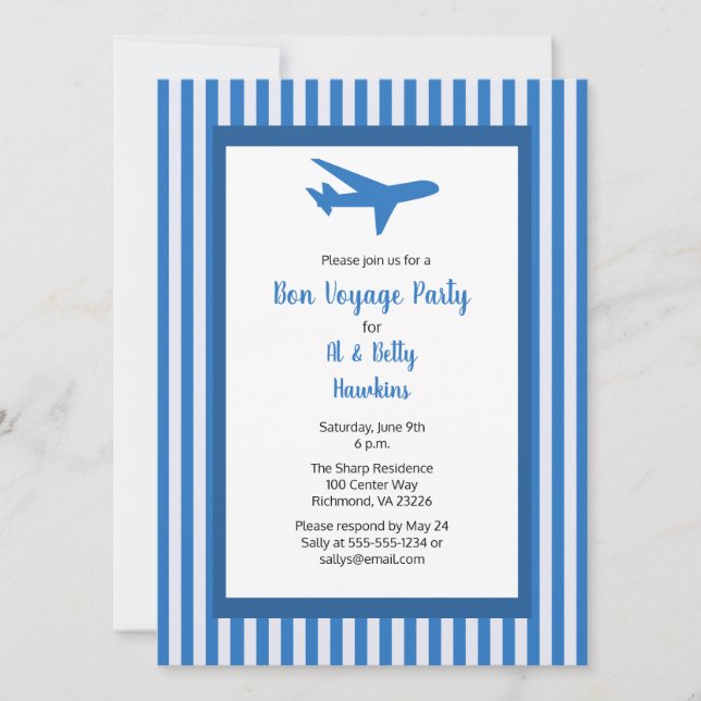 Bon Voyage Party Aeroplane Couple Blue Stripes Invitation (Front)