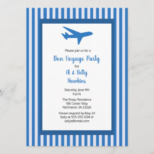 Bon Voyage Party Aeroplane Couple Blue Stripes Invitation