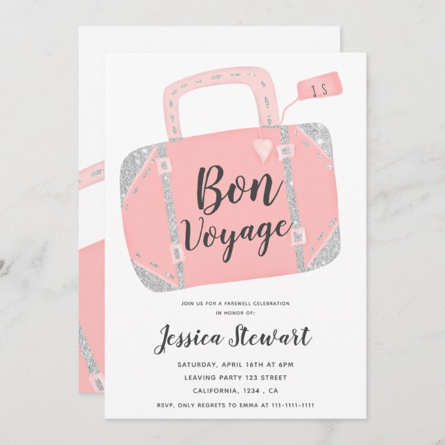 Bon voyage suitcase silver pink leaving party invitation (Front/Back)