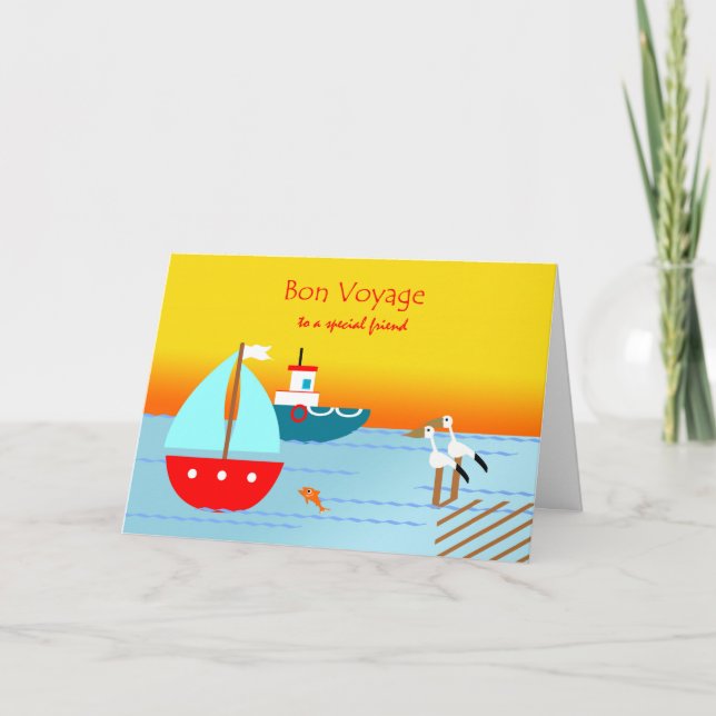Bon Voyage to Friend, Boats, Pelicans, Sunset Card (Front)