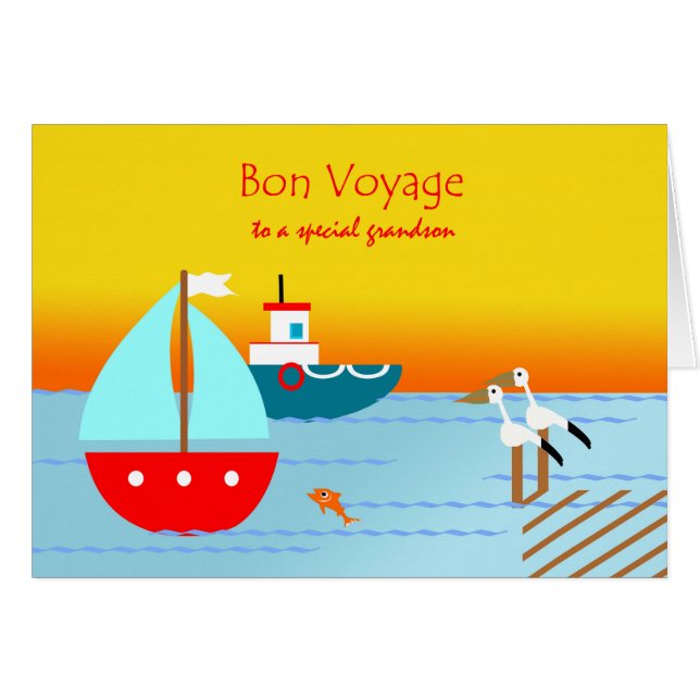 Bon Voyage to Grandson, Boats, Pelicans, Sunset (Front Horizontal)