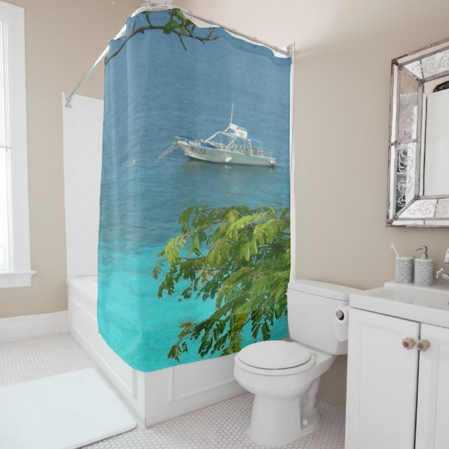 Bonaire Ocean View with Boat Shower Curtain (In Situ)