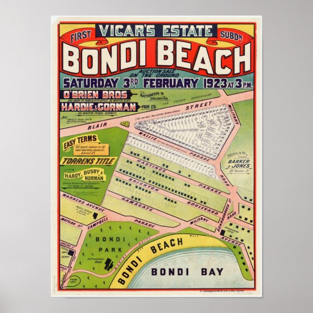Bondi Beach, Vicar's Estate Vintage Auction Poster (Front)