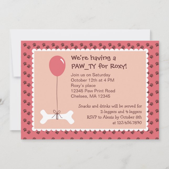 Bone and Balloon Dog Birthday Girl Party Invitatio Invitation (Front)