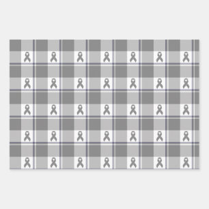 Bone Cancer Awareness Plaid Gray Ribbon Wrapping Paper Sheet
