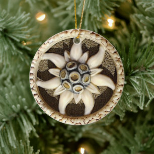 Bone Carved Edelweiss  Ceramic Ornament
