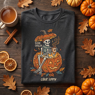 Bone Chillin Cider Sippin Retro Skeleton Halloween T-Shirt