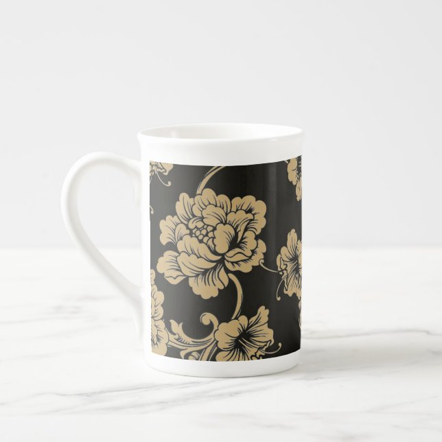 Bone China Mug-Black Floral Mug (Left)