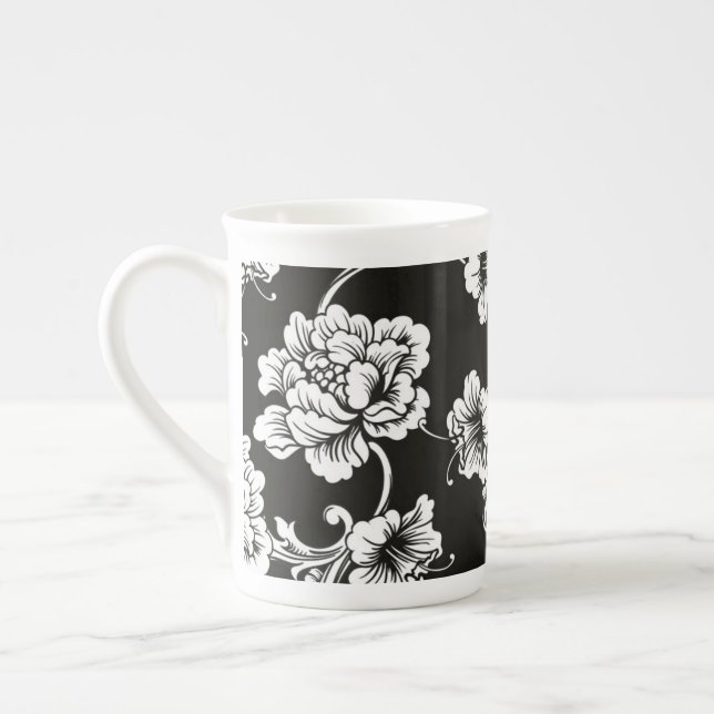 Bone China Mug-Black & White Floral Bone China Mug (Left)