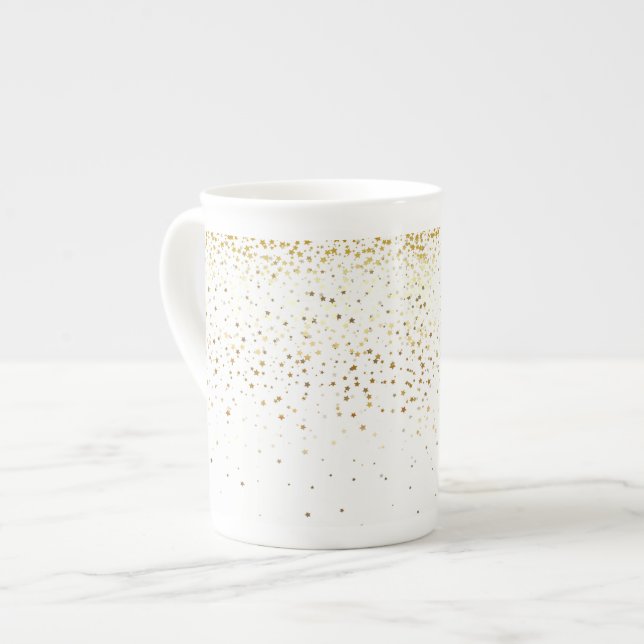 Bone China Mug-Petite Golden Stars-White Bone China Mug (Front Left)