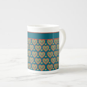 Bone China Mug, Red, Green Hearts on Teal Bone China Mug