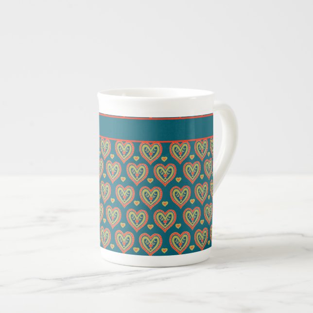 Bone China Mug, Red, Green Hearts on Teal Bone China Mug (Front Right)