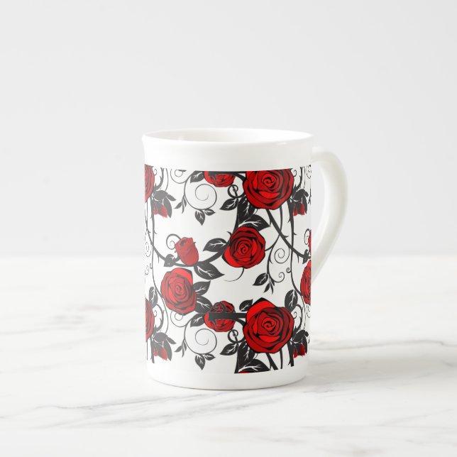 Bone China Mug-Red Rose Vine Mug (Front Right)