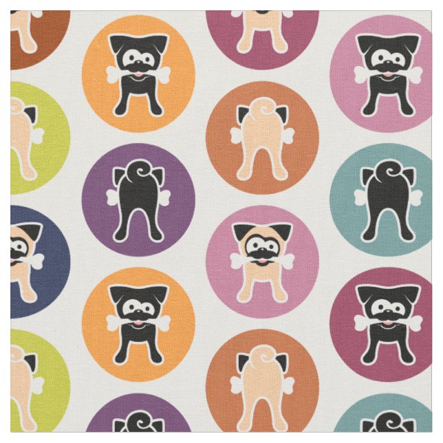 Bone! Circle Print (Fawn & Black Pugs) Fabric (Close Up)