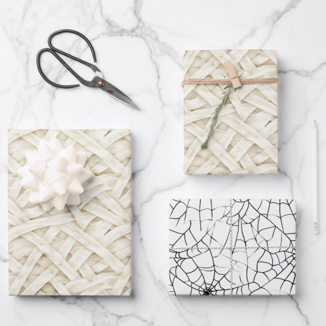 Bone Cream Mummy Wrap Spider Webs Halloween Wrapping Paper Sheet (Front)