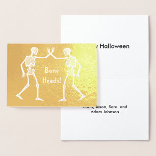 Bone Heads Skeletons Custom Names Happy Halloween Foil Card