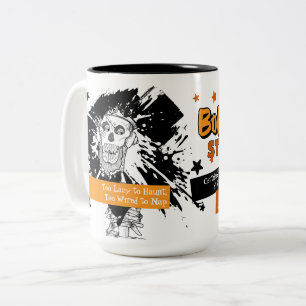Bone Tired Still Wired – Funny Skeleton Halloween Two-Tone Coffee Mug