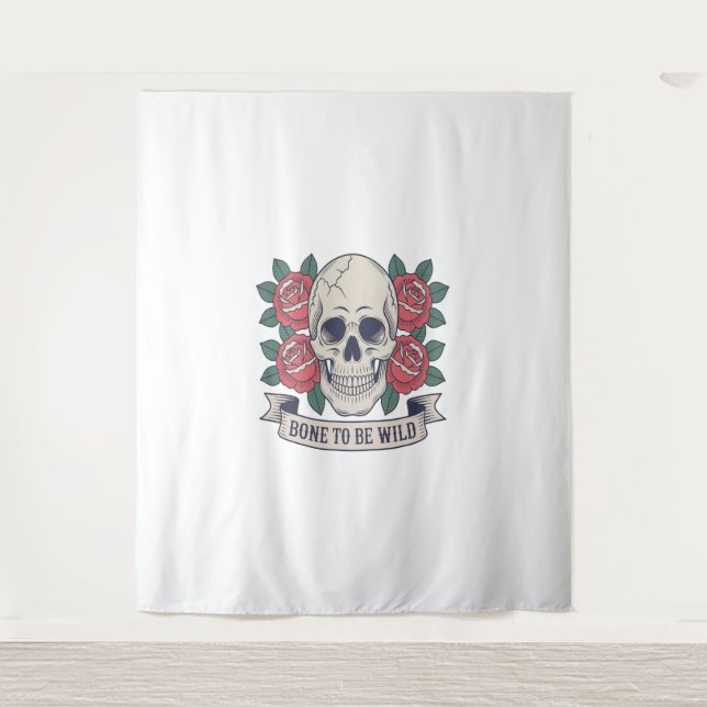 Bone to Be Wild Skull Roses Tapestry (Front)