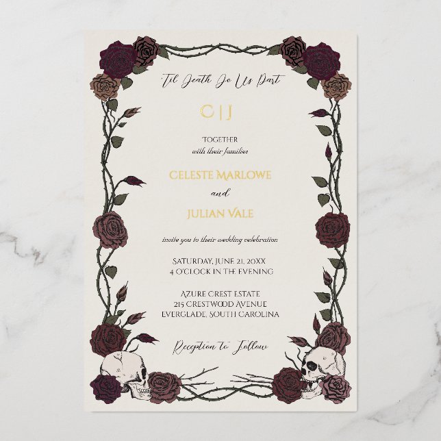 Bone White Gothic Roses Gold Foil Wedding (Front)