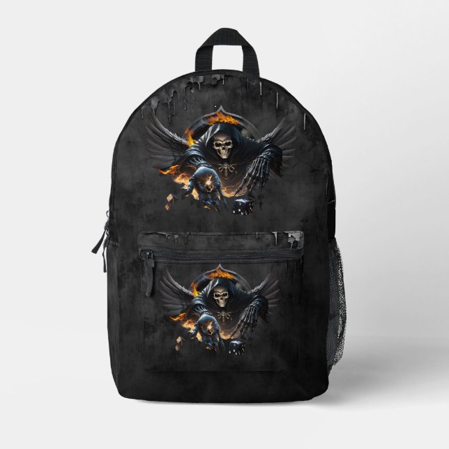 Bones and magic, skeleton with the mystical dice.  printed backpack (Front)