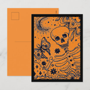 BONES IN THE GARDEN SKELETON, FOLK ART MOON MOTH H HOLIDAY POSTCARD