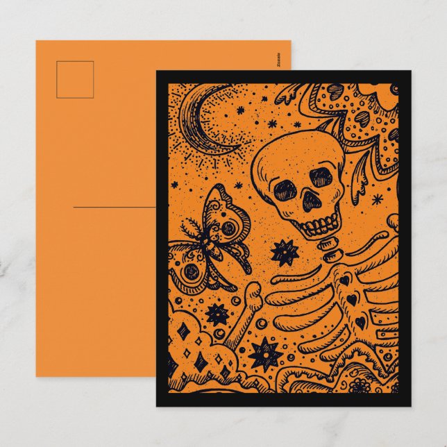BONES IN THE GARDEN SKELETON, FOLK ART MOON MOTH HOLIDAY POSTCARD (Front/Back)