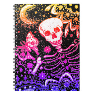 BONES IN THE GARDEN SKELETON, FOLK ART MOON, MOTH NOTEBOOK