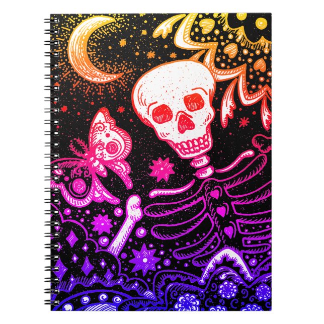 BONES IN THE GARDEN SKELETON, FOLK ART MOON, MOTH NOTEBOOK (Front)