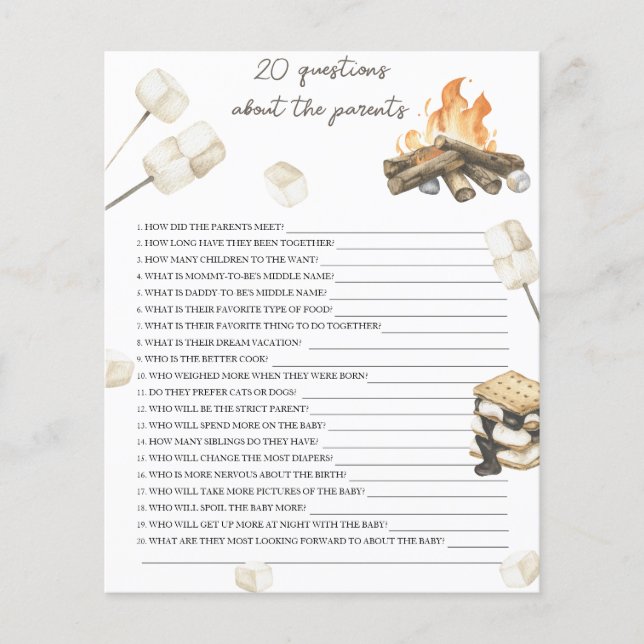 Bonfire baby shower - 20 questions about parent (Front)