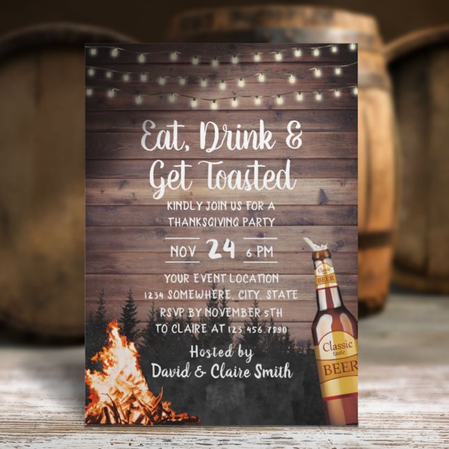 Bonfire & Beer Rustic Forest Thanksgiving Invitation (Creator Uploaded)