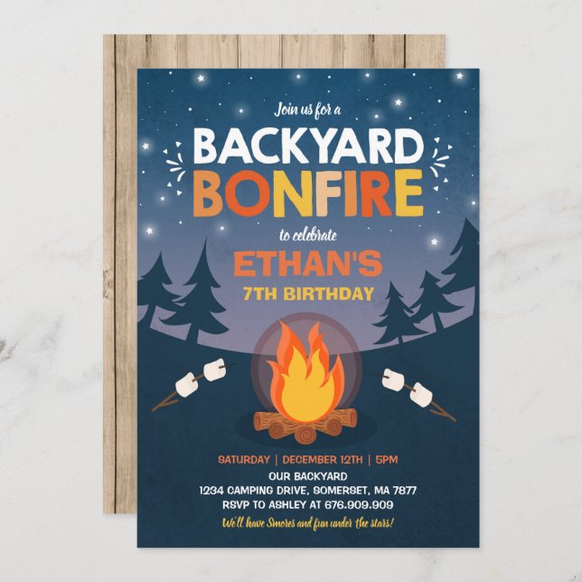 Bonfire Birthday Invitation Bonfire Camping Party (Front/Back)