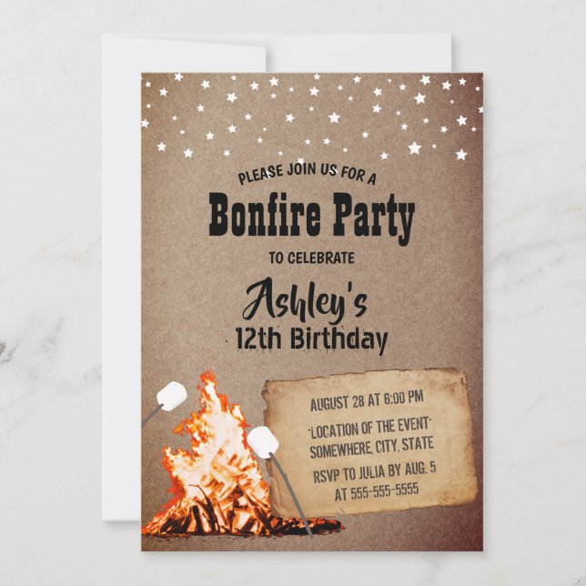 Bonfire Birthday Party Rustic Kraft Invitation (Front)