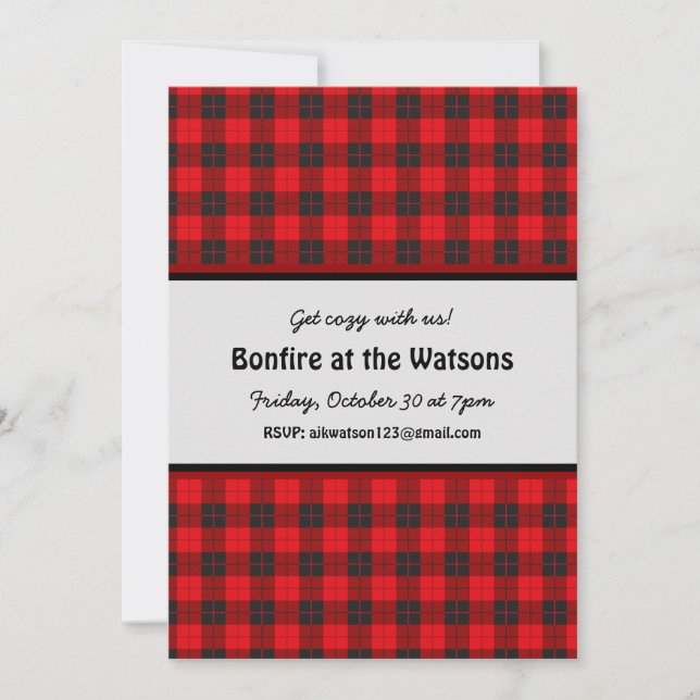 Bonfire Customisable Invitation Red Plaid Flannel (Front)