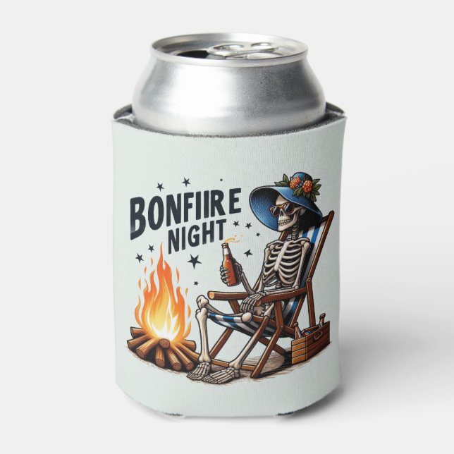Bonfire Night - Skeleton Drinking by the Fire Can Cooler (Can Front)