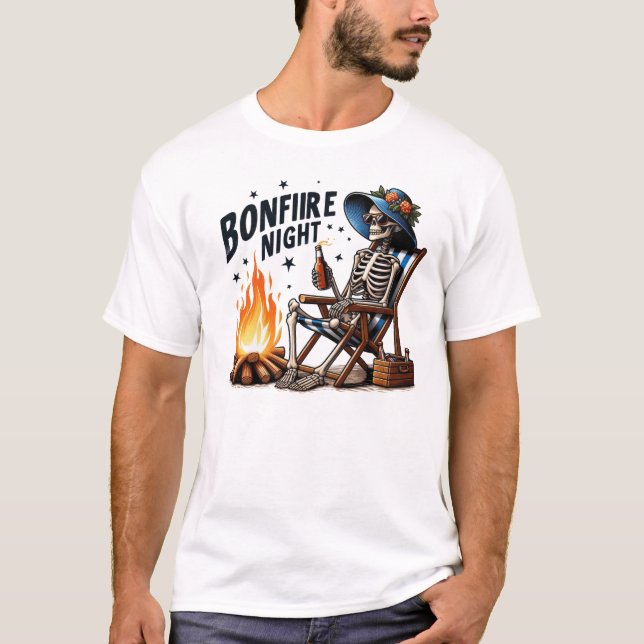 Bonfire Night - Skeleton Drinking by the Fire T-Shirt (Front)