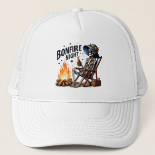 Bonfire Night - Skeleton Drinking by the Fire Trucker Hat