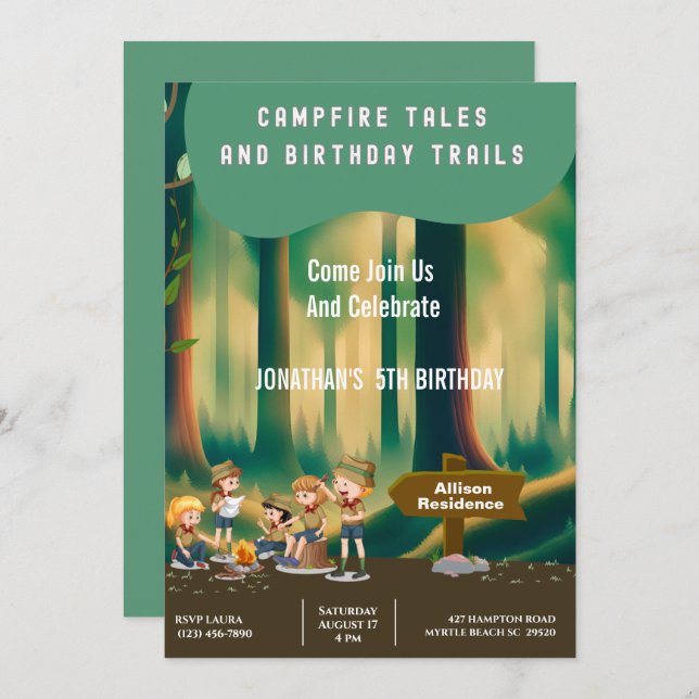 Bonfire Woodland camping outdoor birthday party   Invitation (Front/Back)