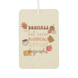 Bonfires, hot cocoa, pumpkins, apples and hayrides car air freshener