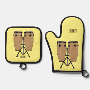 Bongo drum cartoon illustration oven mitt & pot holder set