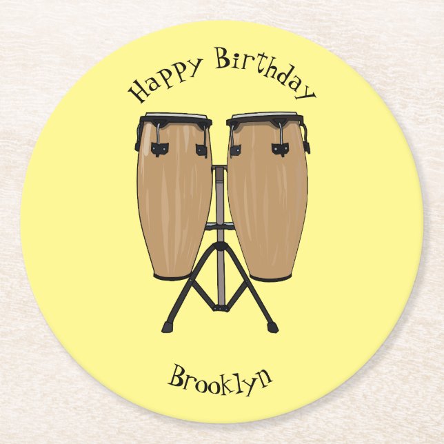 Bongo drum cartoon illustration round paper coaster (Front)