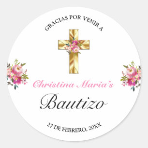 Bonito Rosa Floral Oro Cruz Bautismo Gracias Classic Round Sticker