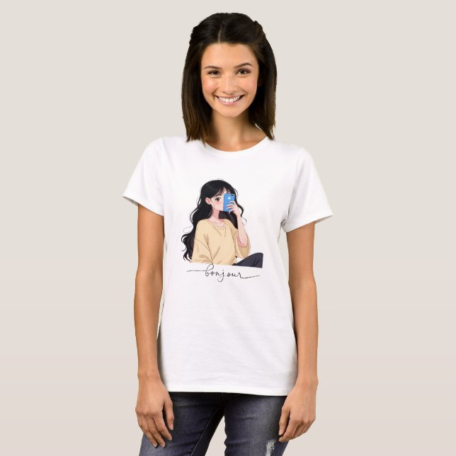 Bonjour Aesthetic Girl Selfie Illustration T-Shirt (Front Full)