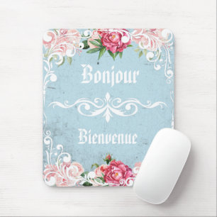 Bonjour Beautiful romantic frenchy artwork Flowers Mouse Pad