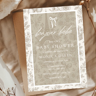 Bonjour Bebe Beige Neutra Toile French Baby Shower Invitation